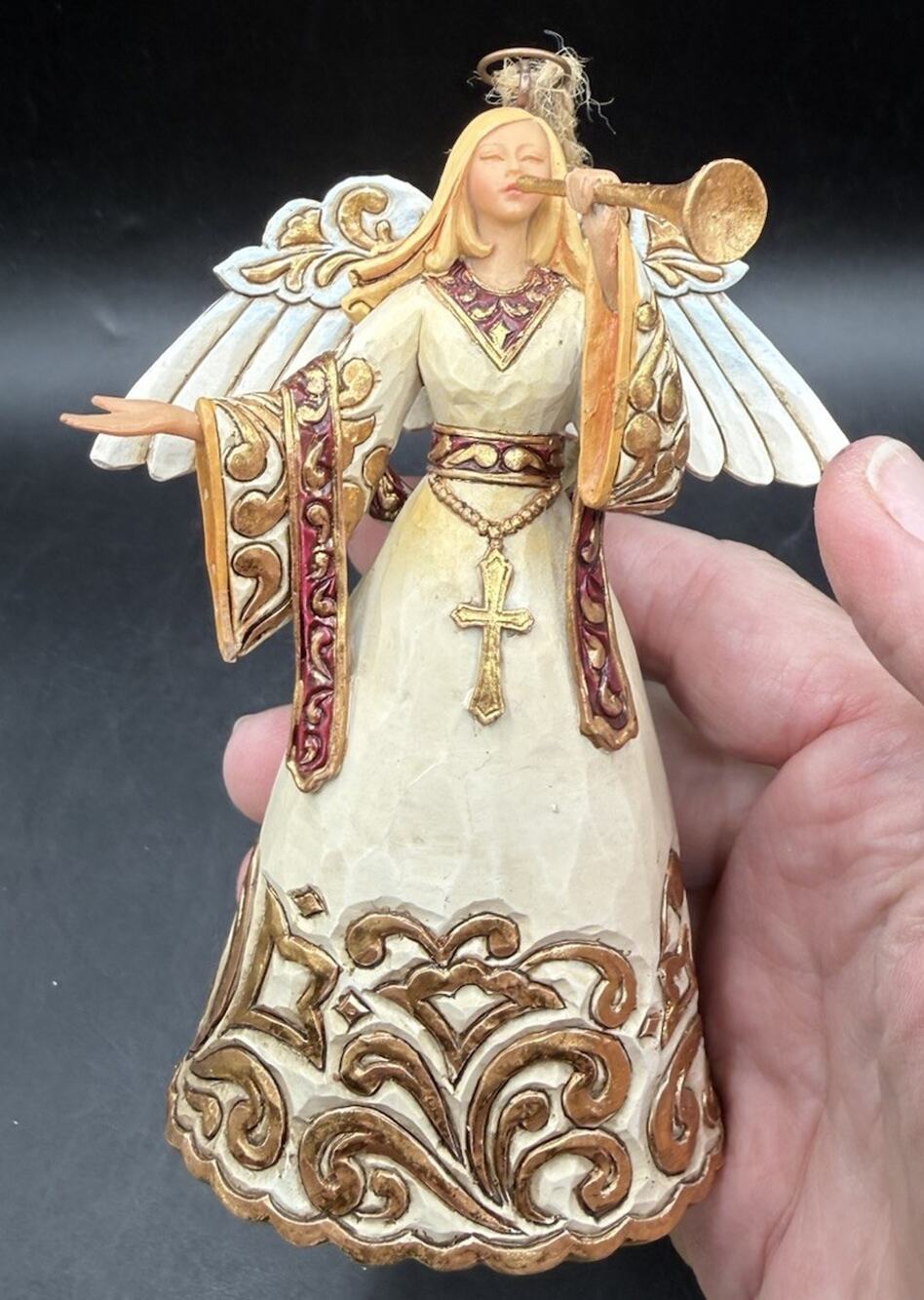 Jim Shore Heartwood Creek Ornament Angel Ivory and Gold Trumpet EUC -LO29